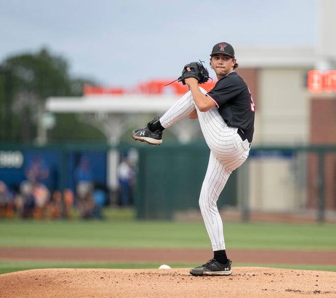 Red Raiders pitcher Zane Petty (34) was the starter for Texas Tech against the Gators in NCAA Regionals, Sunday, June 4, 2023, at Condron Family Ballpark in Gainesville, Florida.  Florida beat Texas Tech 7-1 and advance to the Regional final game. [Cyndi Chambers/ Gainesville Sun] 2023