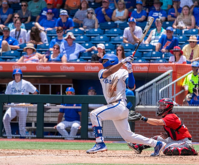 Gators infielder Josh Rivera (24) with a RBI in the bottom of the fifth inning in a win-all elimination game of the NCAA Regionals, Monday, June 5, 2023, at Condron Family Ballpark in Gainesville, Florida. Florida beat Texas Tech 6-0 and advances to Super Regionals. [Cyndi Chambers/ Gainesville Sun] 2023