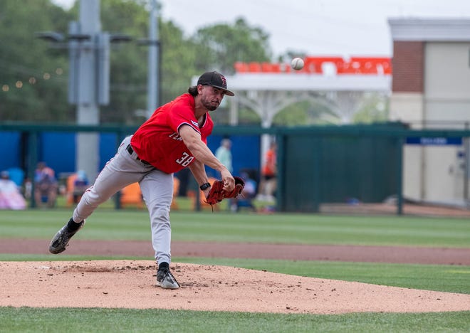 Red Raiders pitcher Jacob Rogers (38) was the starter for Texas Tech against the Gators in a win-all elimination game of the NCAA Regionals, Monday, June 5, 2023, at Condron Family Ballpark in Gainesville, Florida. Florida beat Texas Tech 6-0 and advances to Super Regionals. [Cyndi Chambers/ Gainesville Sun] 2023