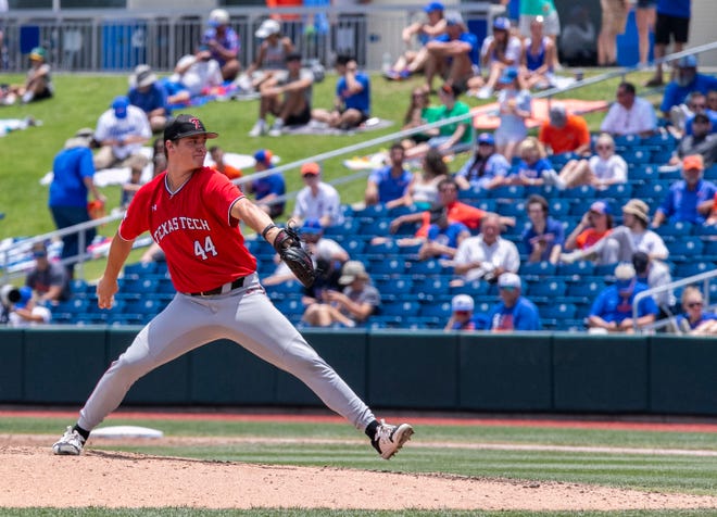 Red Raiders Brandon Beckel (44) pitches against the Gators in the bottom of the fifth inning in a win-all elimination game of the NCAA Regionals, Monday, June 5, 2023, at Condron Family Ballpark in Gainesville, Florida. Florida beat Texas Tech 6-0 and advances to Super Regionals. [Cyndi Chambers/ Gainesville Sun] 2023