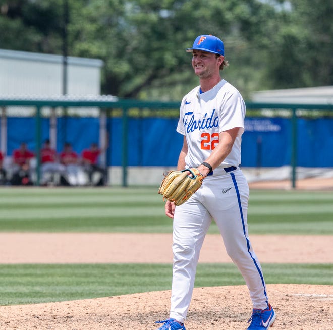 Gators pitcher Brandon Neely (22) closes out the game against the Red Raiders during the NCAA Regionals, Monday, June 5, 2023, at Condron Family Ballpark in Gainesville, Florida. Florida beat Texas Tech 6-0 and advances to Super Regionals. [Cyndi Chambers/ Gainesville Sun] 2023