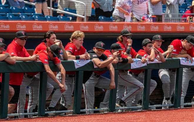 Texas Tech watches from there dugout as their season comes to an end in a win-all elimination game against Florida during the NCAA Regionals, Monday, June 5, 2023, at Condron Family Ballpark in Gainesville, Florida. Florida beat Texas Tech 6-0 and advances to Super Regionals. [Cyndi Chambers/ Gainesville Sun] 2023