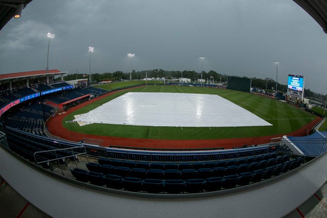 The start of Game 1 of NCAA Super Regionals between UF and South Carolina was delayed due to bad weather, Friday, June 9, 2023, at Condron Family Ballpark in Gainesville, Florida.  [Cyndi Chambers/ Gainesville Sun] 2023