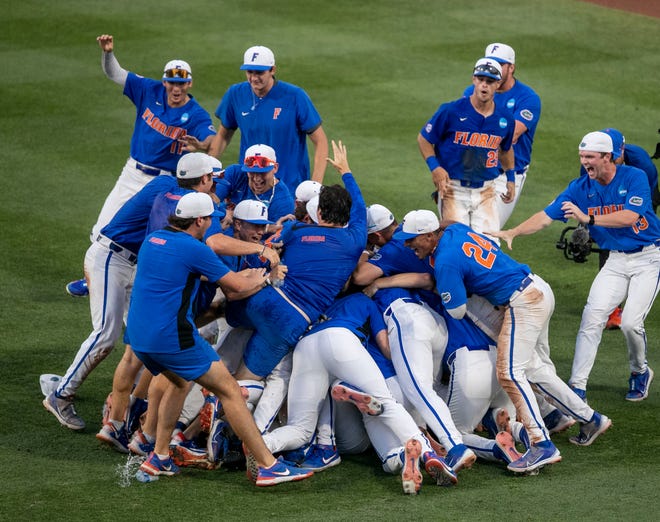 The Gators celebrate their win over South Carolina in Game 2 of the NCAA Super Regional, Friday, June 10, 2023, at Condron Family Ballpark in Gainesville, Florida. The Gators beat the Gamecocks 4-0 and are headed to the College World Series in Omaha.  [Cyndi Chambers/ Gainesville Sun] 2023