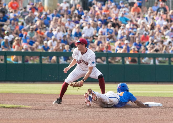 Gators infielder Josh Rivera (24) steals second against South Carolina in Game 2 of the NCAA Super Regionals, Saturday, June 10, 2023, at Condron Family Ballpark in Gainesville, Florida. The Gators beat the Gamecocks 4-0 and are headed to the College World Series in Omaha.  [Cyndi Chambers/ Gainesville Sun] 2023