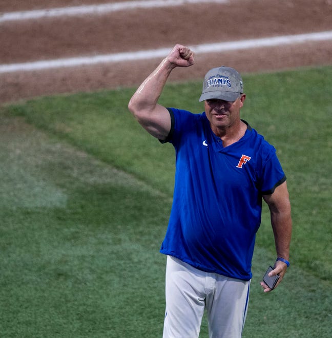 Gators head coach Kevin OÕ Sullivan celebrates FloridaÕs win over South Carolina in Game 2 of the NCAA Super Regional, Saturday, June 10, 2023, at Condron Family Ballpark in Gainesville, Florida. The Gators beat the Gamecocks 4-0 and are headed to the College World Series in Omaha.  [Cyndi Chambers/ Gainesville Sun] 2023