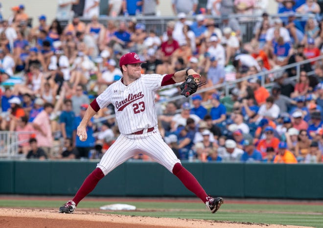 Gamecocks pitcher Jack Mahoney (23) is the starter for South Carolina in Game 2 of the NCAA Super Regional against Florida, Saturday, June 10, 2023, at Condron Family Ballpark in Gainesville, Florida. The Gators beat the Gamecocks 4-0 and are headed to the College World Series in Omaha.  [Cyndi Chambers/ Gainesville Sun] 2023