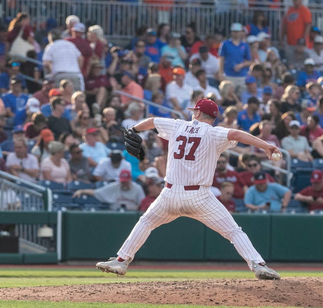 Gamecocks utility Chris Veach (37) takes the mound against Florida in Game 2 of the NCAA Super Regionals, Saturday, June 10, 2023, at Condron Family Ballpark in Gainesville, Florida. The Gators beat the Gamecocks 4-0 and are headed to the College World Series in Omaha.  [Cyndi Chambers/ Gainesville Sun] 2023