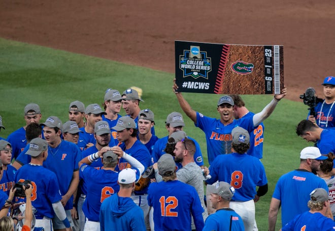 The Gators celebrate their win over South Carolina in Game 2 of the NCAA Super Regional, Saturday, June 10, 2023, at Condron Family Ballpark in Gainesville, Florida. The Gators beat the Gamecocks 4-0 and are headed to the College World Series in Omaha.  [Cyndi Chambers/ Gainesville Sun] 2023