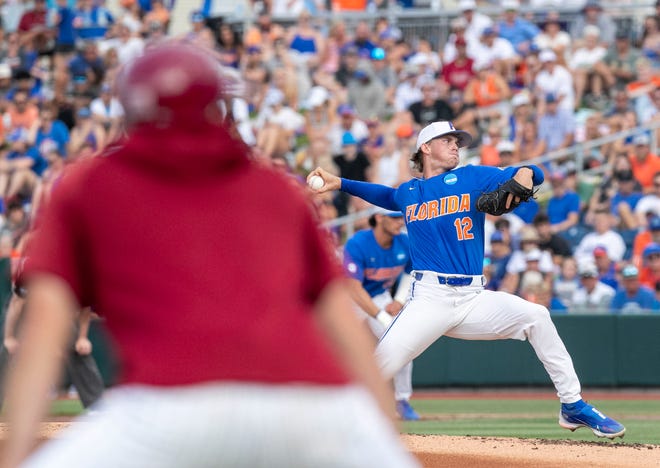 Gators pitcher Hurston Waldrep (12) is the starter for Florida against South Carolina in Game 2 of the NCAA Super Regionals, Saturday, June 10, 2023, at Condron Family Ballpark in Gainesville, Florida. The Gators beat the Gamecocks 4-0 and are headed to the College World Series in Omaha.  [Cyndi Chambers/ Gainesville Sun] 2023