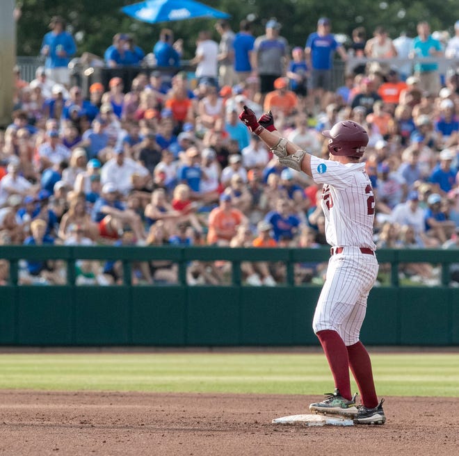 Gamecocks utility Ethan Petry (20) with a double in Game 2 of the NCAA Super Regional against Florida, Saturday, June 10, 2023, at Condron Family Ballpark in Gainesville, Florida. The Gators beat the Gamecocks 4-0 and are headed to the College World Series in Omaha.  [Cyndi Chambers/ Gainesville Sun] 2023