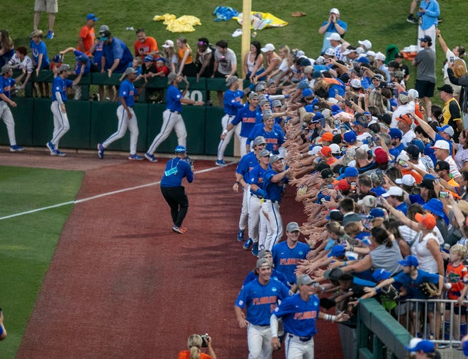 The Gators celebrate their win over South Carolina with fans in Game 2 of the NCAA Super Regional,Saturday, June 10, 2023, at Condron Family Ballpark in Gainesville, Florida. The Gators beat the Gamecocks 4-0 and are headed to the College World Series in Omaha.  [Cyndi Chambers/ Gainesville Sun] 2023