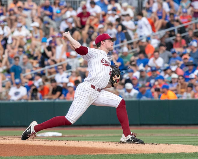 Gamecocks pitcher Jack Mahoney (23) is the starter for South Carolina in Game 2 of the NCAA Super Regional against Florida, Saturday, June 10, 2023, at Condron Family Ballpark in Gainesville, Florida. The Gators beat the Gamecocks 4-0 and are headed to the College World Series in Omaha.  [Cyndi Chambers/ Gainesville Sun] 2023